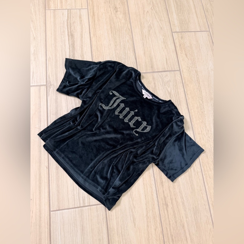 Juicy Couture Black Velour Cropped Tee Rhinestone Logo Size XL Pre-Owned